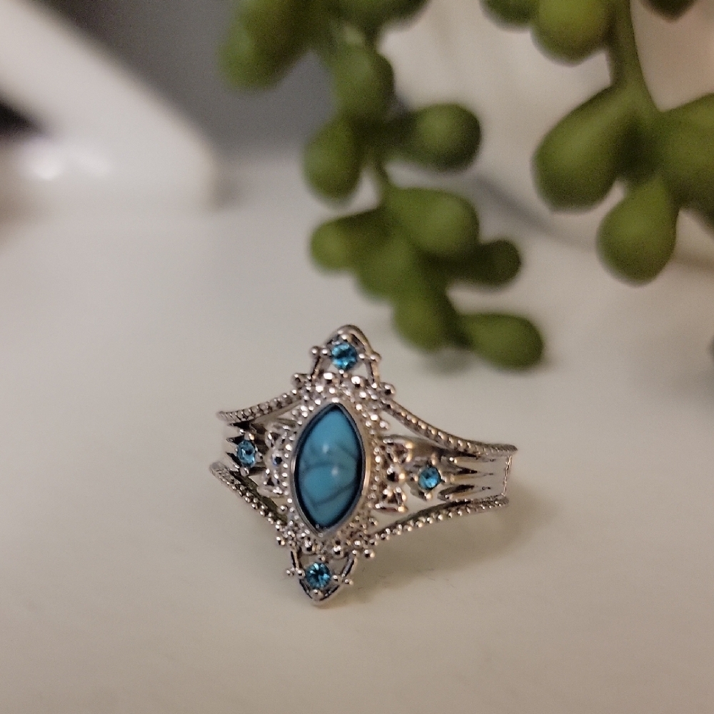Boho Silver and Blue Gemstone Turquoise Rhinestone Ring Western
